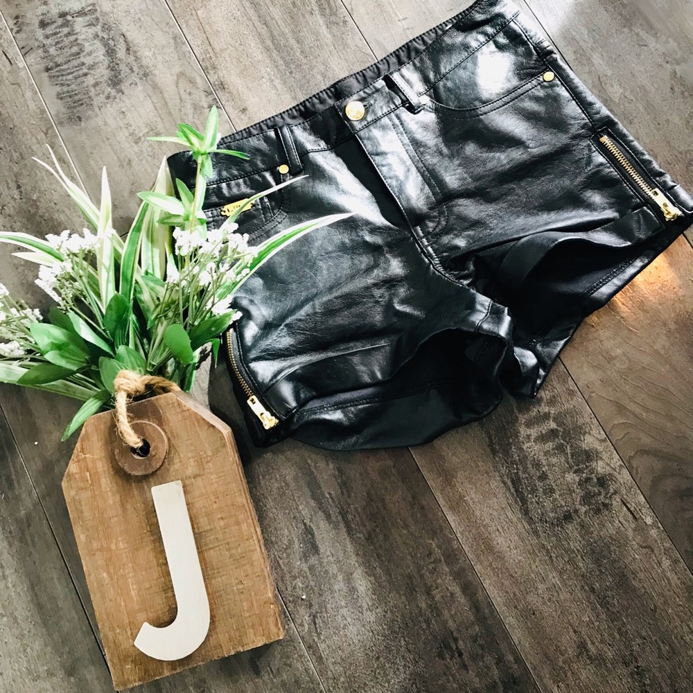 Buffalo David Britton Faux Leather Shorts w/Gold Zippers & Button Detail
